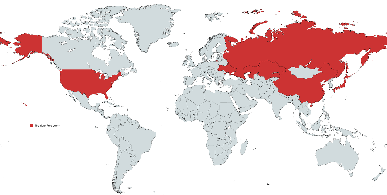 Map indicating where Titanium comes from